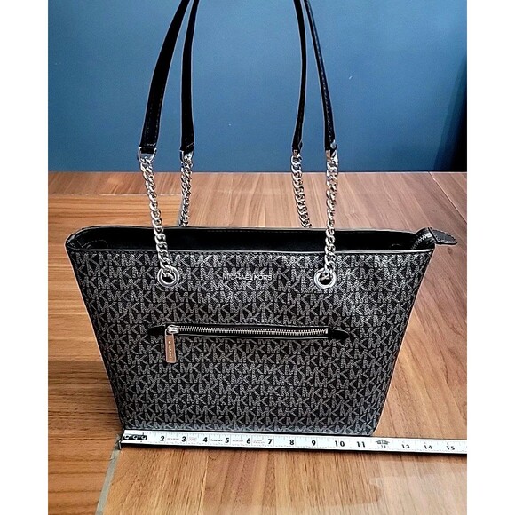 Authentic Michael Kors Jet Set Item Black/Silver Medium Front Zip Chain Tote :) - Picture 5 of 16